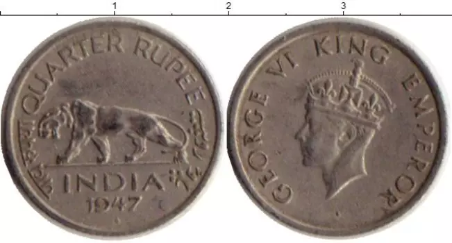 Монета 1/4 рупии Индии 1947 года Медно-никель Георг VI
