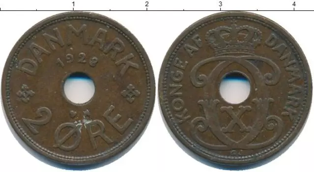 Монета 2 эре Дании 1928 года Медь Кристиан X