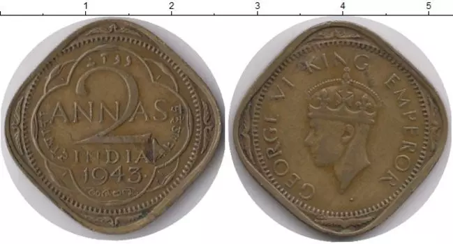 Монета 2 анны Индии 1943 года Латунь Георг VI