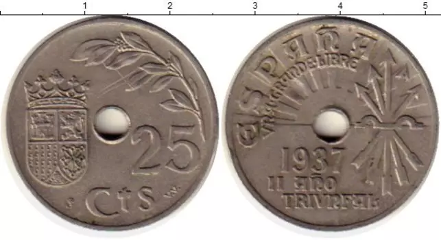 Монета 25 сентим Испании 1937 года Медно-никель