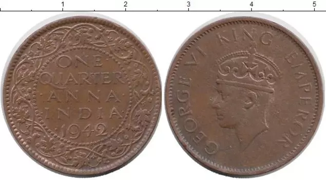 Монета 1/4 анны Индии 1942 года Бронза Георг VI