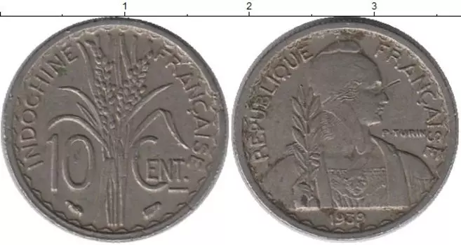 Монета 10 центов Индокитая 1939 года Медно-никель
