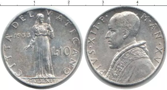 Монета 10 лир Ватикана 1953 года Алюминий Пий XII