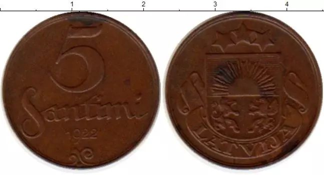 Монета 5 сантим Латвии 1922 года Медь