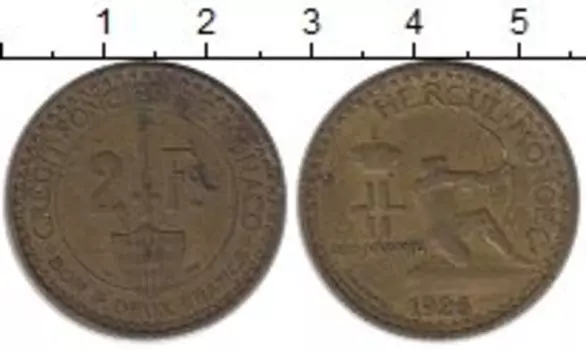 Монета 2 франка Монако 1926 года Латунь Геркулес