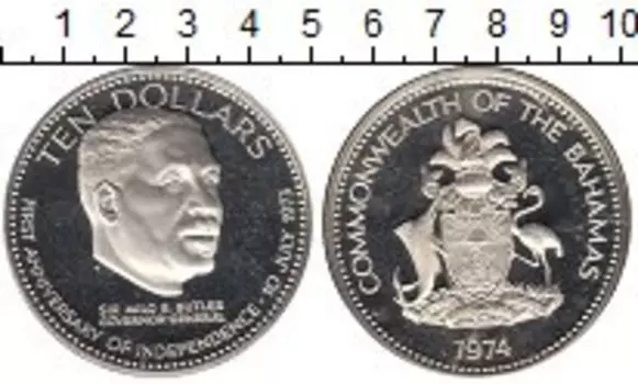 Монета 10 долларов Багамских островов 1974 года Серебро 1-я годовщина Независимости
