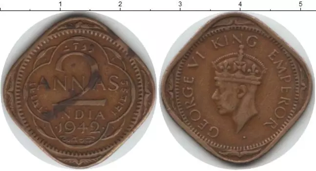 Монета 2 анны Индии 1942 года Медь Георг VI