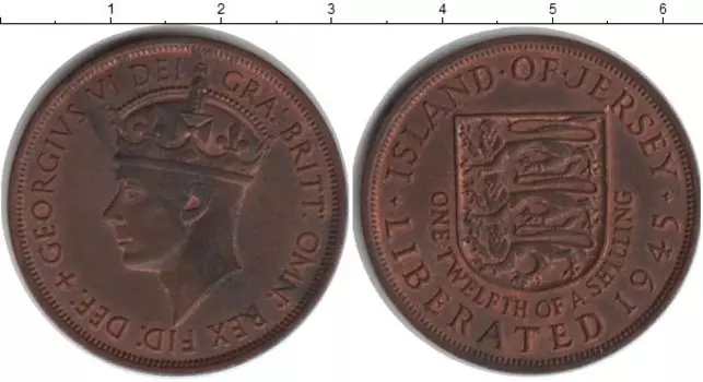 Монета 1/12 шиллинга Острова Джерси 1945 года Медь Георг VI