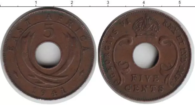 Монета 5 центов Восточной Африки 1941 года Медь Георг VI