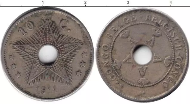Монета 10 сантим Бельгийского Конго 1911 года Медно-никель Звезда