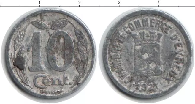 Монета 10 сантим Франции 1921 года Алюминий Жетон г