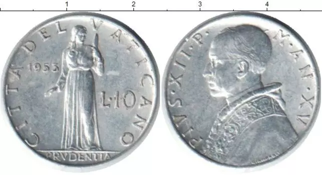 Монета 10 лир Ватикана 1953 года Алюминий Пий XII