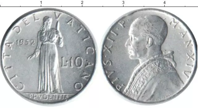 Монета 10 лир Ватикана 1952 года Алюминий Пий XII