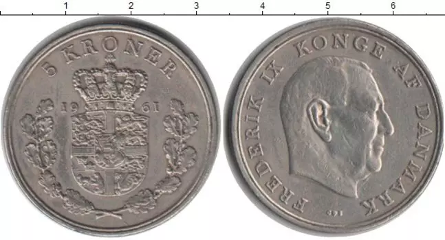 Монета 5 крон Дании 1961 года Медно-никель Фредерик IX