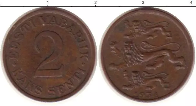 Монета 2 сенти Эстонии 1934 года Бронза