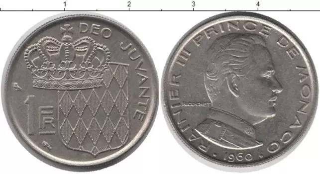 Монета франк Монако 1960 года Медно-никель Принц Ренье III