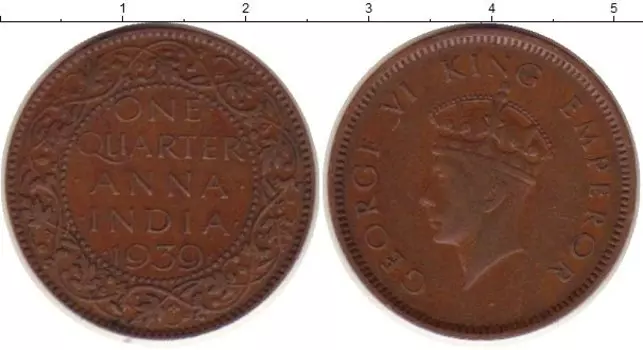 Монета 1/4 анны Индии 1939 года Медь Георг VI