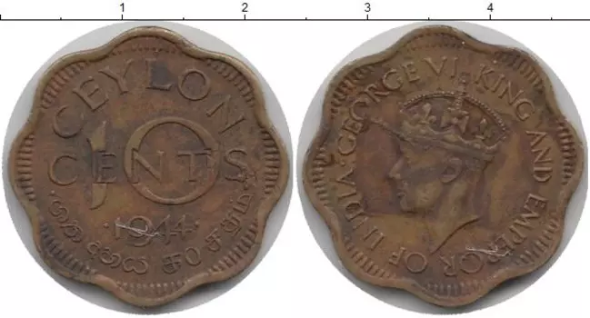 Монета 10 центов Цейлона 1944 года Медь Георг VI