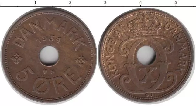 Монета 5 эре Дании 1934 года Бронза /