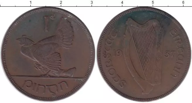 Монета пенни Ирландии 1937 года Бронза Курица с цыплятами