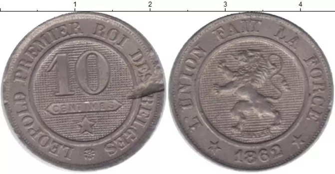 Монета 10 сантим Бельгии 1862 года Медно-никель Леопольд I