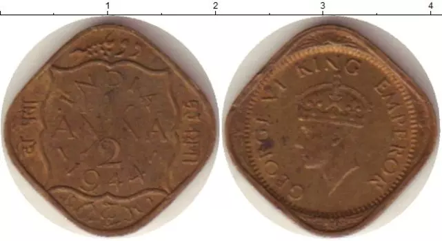 Монета 1/2 анны Индии 1944 года Латунь Георг VI