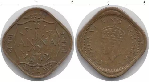Монета 1/2 анны Индии 1942 года Медно-никель Георг VI