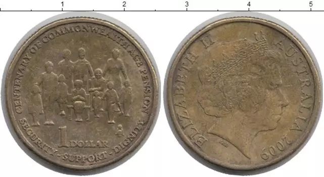 Монета доллар Австралии 2009 года Латунь 100 лет Образования пенсионного фонда