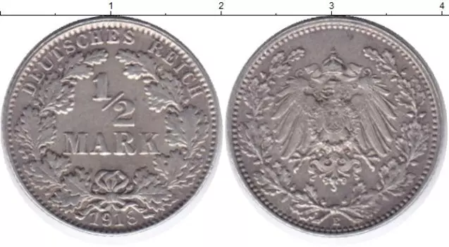 Монета 1/2 марки Германии 1918 года Серебро Е