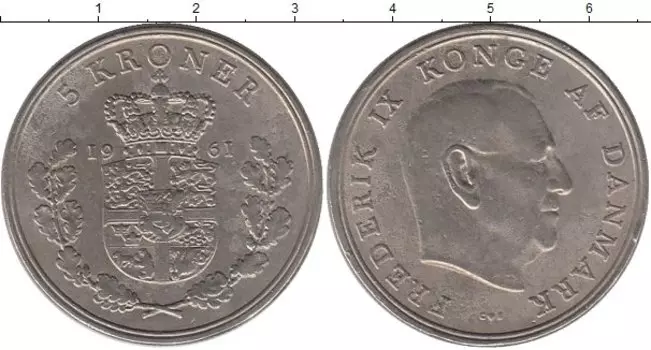 Монета 5 крон Дании 1961 года Медно-никель Фредерик IX