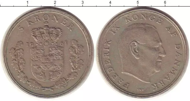 Монета 5 крон Дании 1961 года Медно-никель Фредерик IX