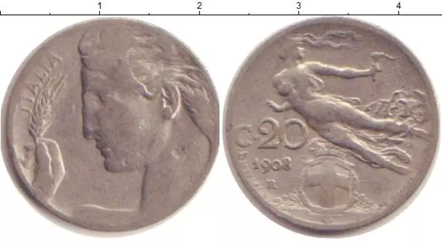 Монета 20 сентесим Италии 1908 года Медно-никель