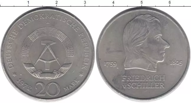 Монета 20 марок ГДР 1972 года Медно-никель Фридрих Шиллер