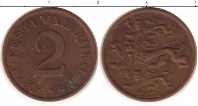 Монета 2 сенти Эстонии 1934 года Бронза