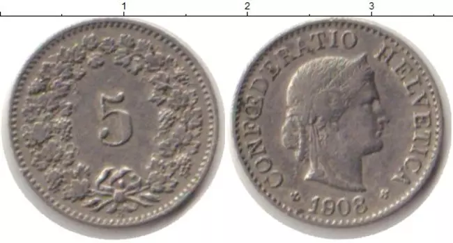 Монета 5 рапп Швейцарии 1908 года Медно-никель