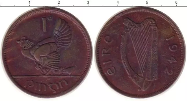 Монета пенни Ирландии 1942 года Бронза Глухарь