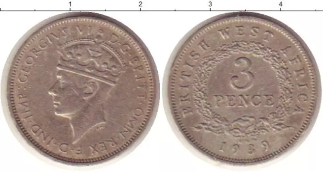 Монета 3 пенса Западной Африки 1939 года Медно-никель Георг VI