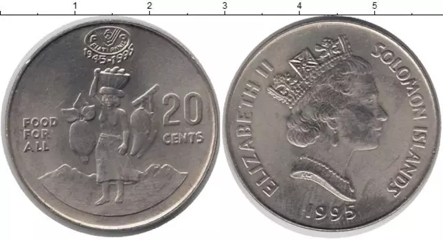 Монета 20 центов Соломоновых островов 1995 года Медно-никель Елизавета II