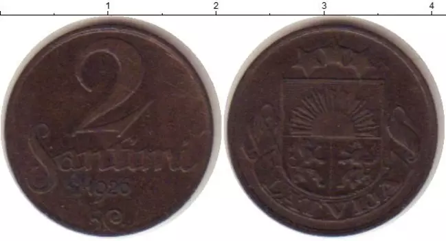 Монета 2 сантима Латвии 1926 года Бронза