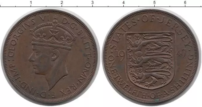 Монета 1/12 шиллинга Острова Джерси 1947 года Бронза Георг VI