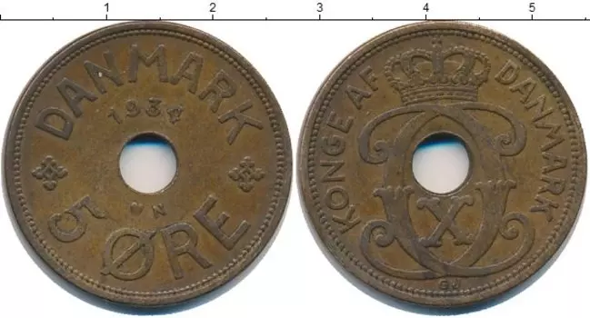 Монета 5 эре Дании 1934 года Медь Кристиан X