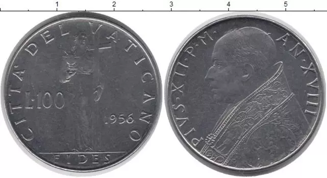 Монета 100 лир Ватикана 1956 года Сталь Пий XII