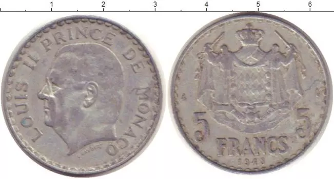 Монета 5 франков Монако 1945 года Алюминий Принц Монако Луи II