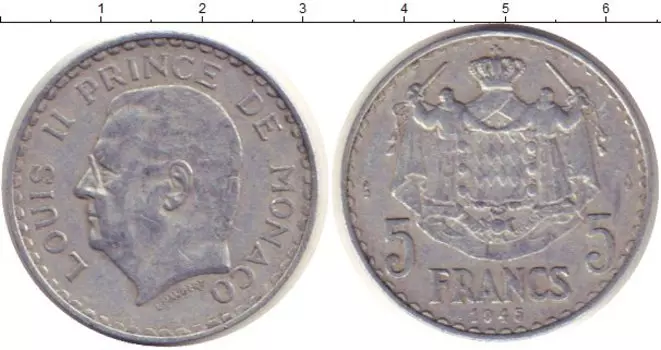 Монета 5 франков Монако 1945 года Алюминий Принц Монако Луи II