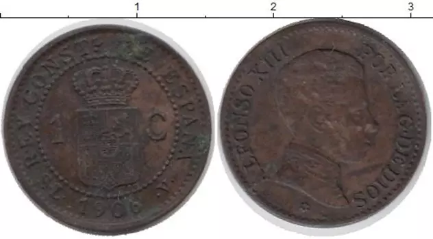 Монета сентим Испании 1906 года Бронза Альфонсо XIII
