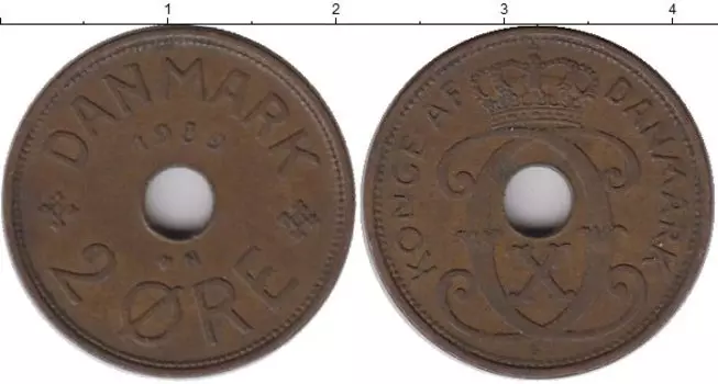Монета 2 эре Дании 1939 года Медь