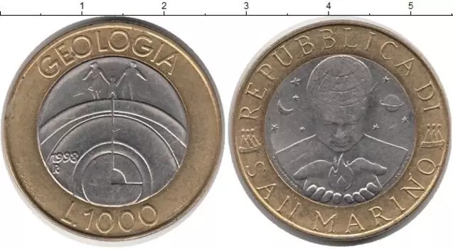 Монета 1000 лир Сан-Марино 1998 года Биметалл Геология