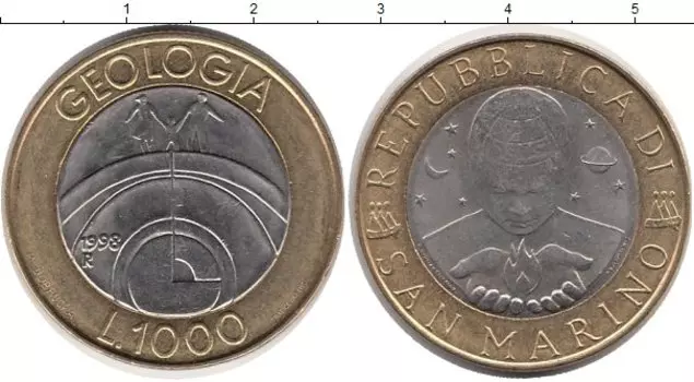 Монета 1000 лир Сан-Марино 1998 года Биметалл Геология