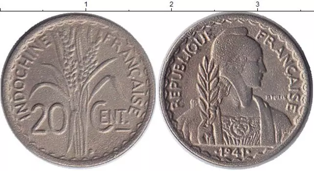 Монета 20 сантим Индокитая 1941 года Медно-никель