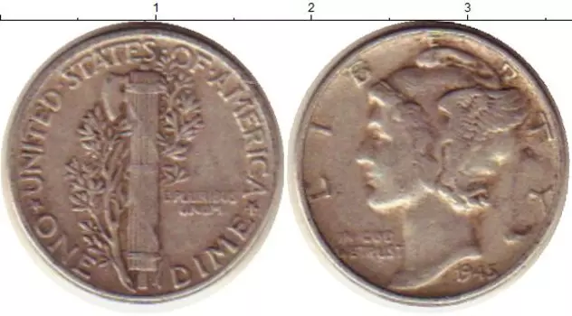 Монета дайм Америки 1945 года Серебро